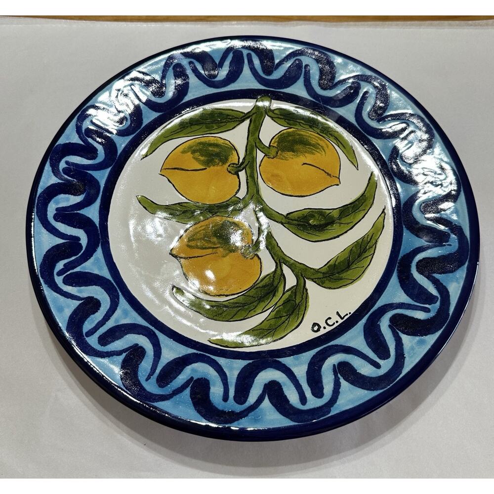 Vintage Mexican Pottery 12" Wall Plate Signed OCL Hand Painted Peaches - Picture 2 of 5
